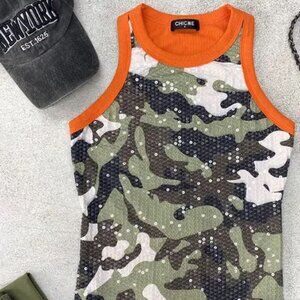 Camouflage Pattern O-neck Sleeveless Sequin Tank Contrast Binding Slim Fitted